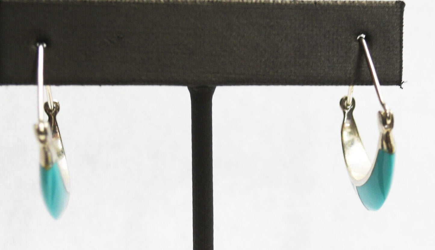 Sterling Silver Blue Plastic Faux Turquoise Inlay Hoop Earrings 28mm x 5mm