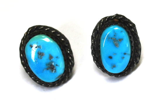 Sterling Silver Fred Baca Turquoise Oval Stud Earrings 15mm x 12mm