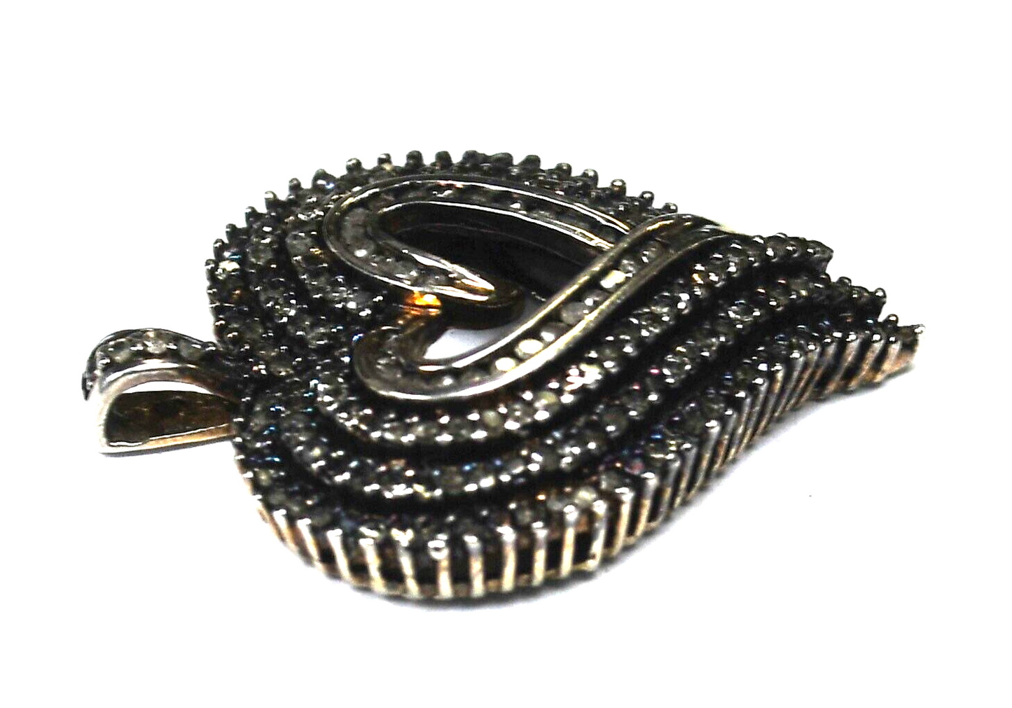 Sterling Silver Heart Pave Diamond 3 Row Pendant 32mm x 24mm