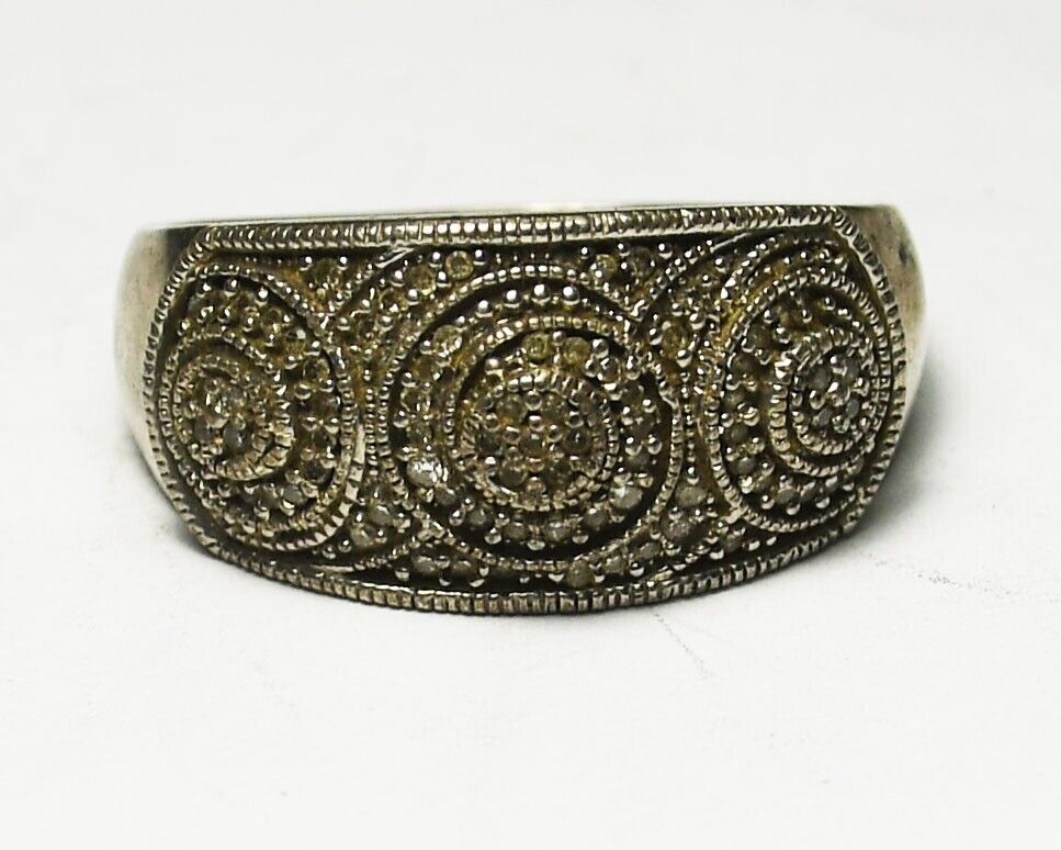 Sterling Silver Diamond Pave Cluster Ring 11mm Size 10.5