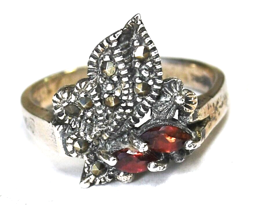 Sterling Silver Marcasite Garnet Floral Flower Ring 16mm Size 8-3/4