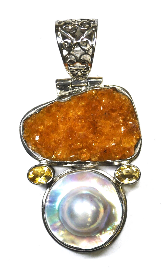 Sterling Silver Druzy Quartz MOP Citrine Large Bale Pendant 77mm x 39mm