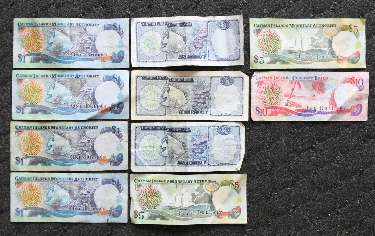 Cayman Islands $1 $5 & $10 One Five Ten Dollars Banknotes 1972 -2006