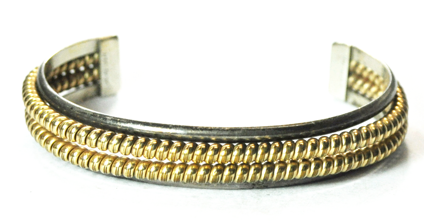 Sterling Silver Two Tone Cuff Bracelet Double GF Twist Center 13mm 7" Wrist