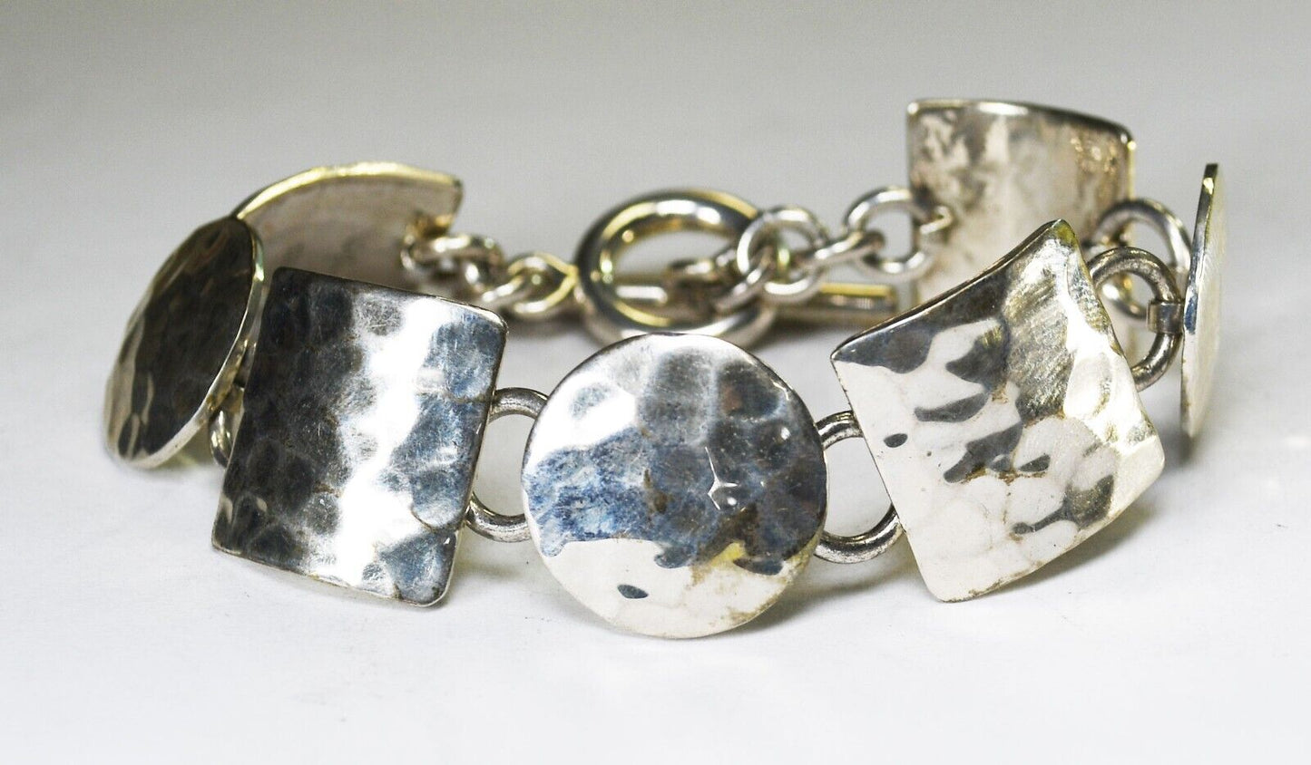 Sterling Silver Hammered Square Circle Toggle Bracelet 18mm 7-1/2"