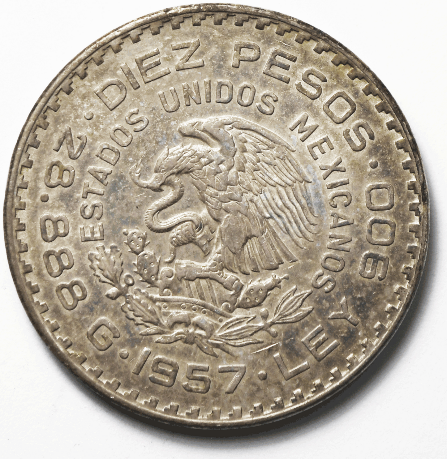 1957 Mexico Estados Unidos Mexicanos Ten 10 Diez Pesos Silver Coin KM#475 Rare