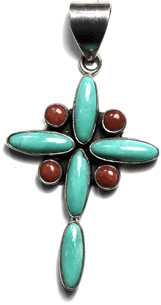Sterling Silver DMD Turquoise Coral Cross Pendant 3" x 40mm Large Bale