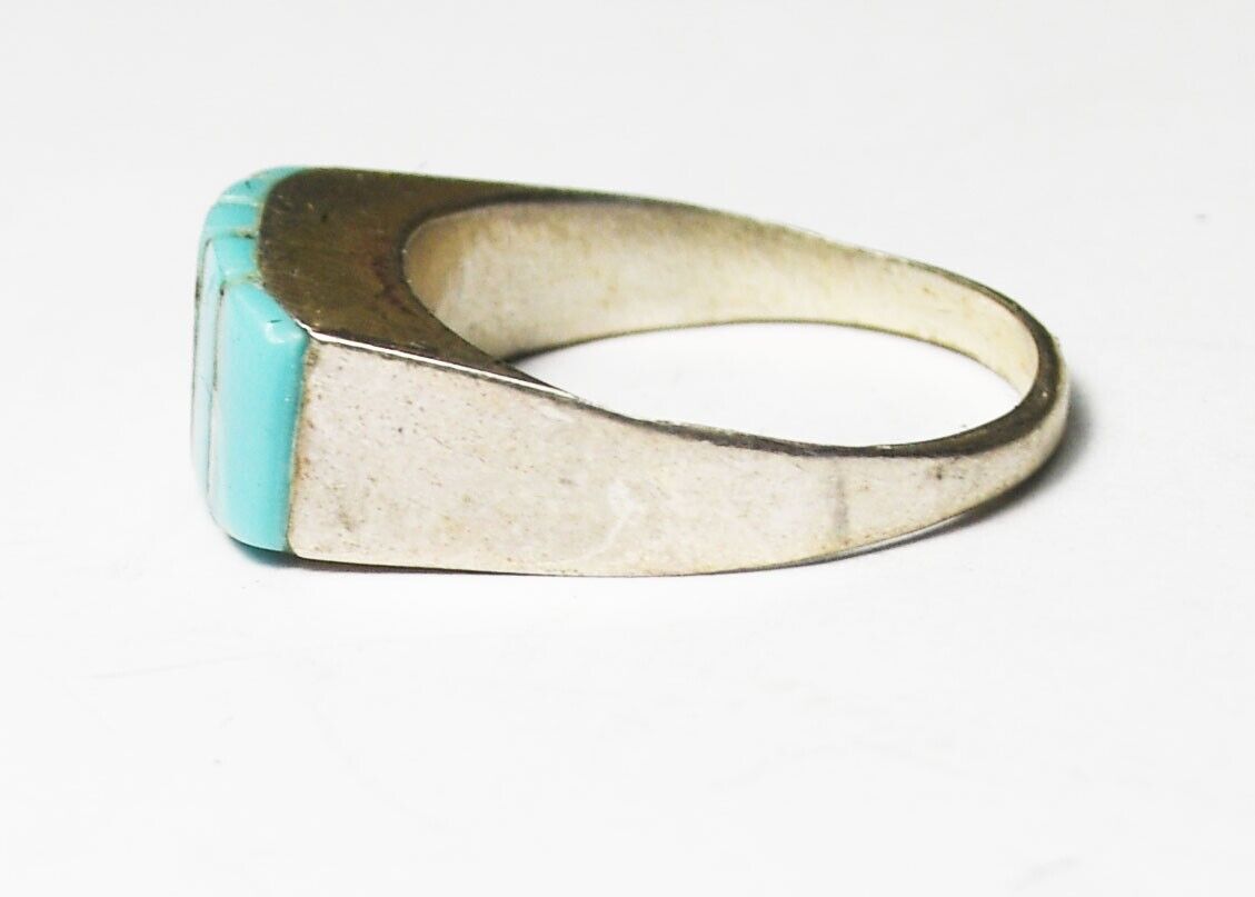 Sterling Silver Hollow Turquoise Inlay Stripe Ring 7mm Size 7.5