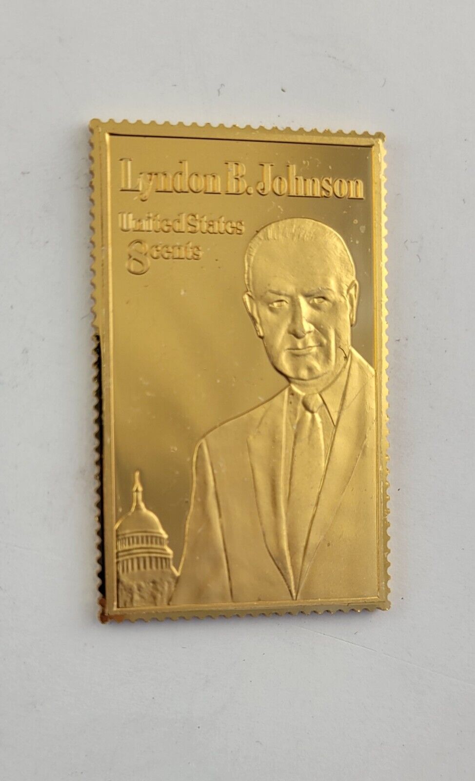 USPS United We Stand .999 Fine Silver Gold Plated Stamp Lyndon B Johnson 1oz.
