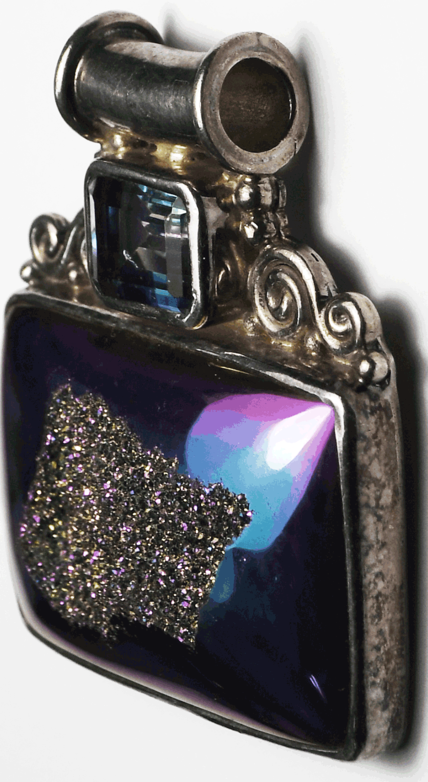 Sterling Silver Sajen Drusy Quartz Blue Purple Slide Pendant 41mm x 34mm
