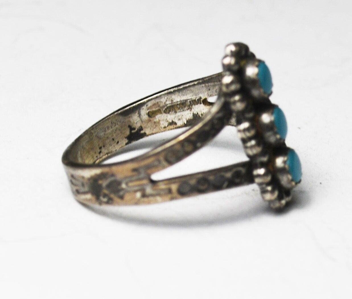 Sterling Silver Antique 3 Turquoise Dot Ring 15mm Size 4.5