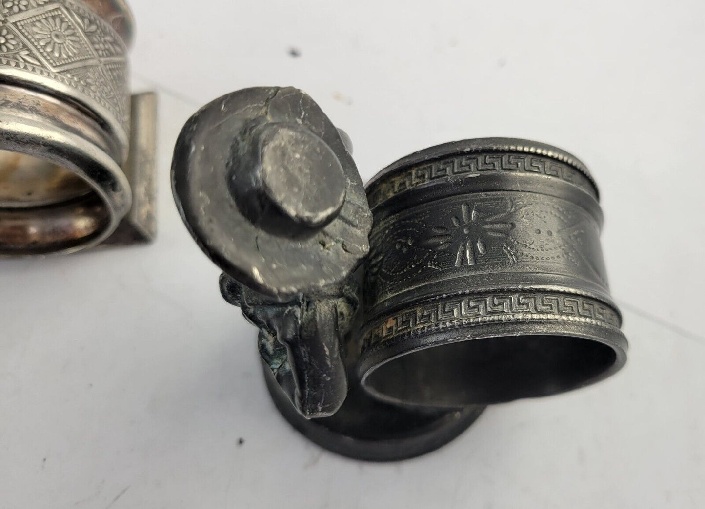 4 Victorian Figural Silver Plate Napkin Ring Holders Eagle. Boy Dog, Girl Child