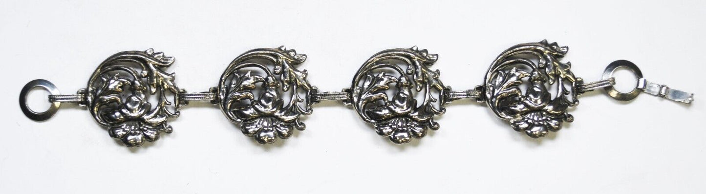 Sterling Vintage Flower Floral Vine 28mm Round Link Bracelet 7"