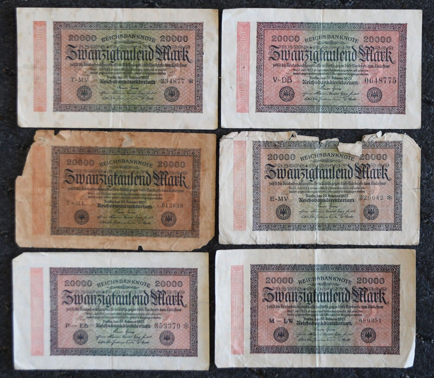 6- 1923 Germany 20,000 Mark Banknotes Fifth Issue