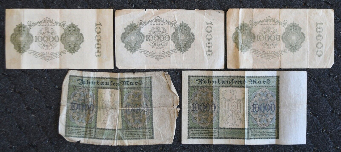 5-  1922 Germany 10,000 Ten Thousand Mark Reichsbanknote 1st Issue Large & Small