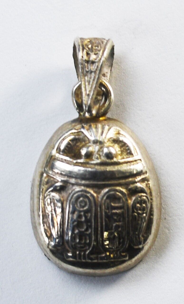 Sterling Silver Scarab Hieroglyphics Beetle Pendant 26mm x 13mm