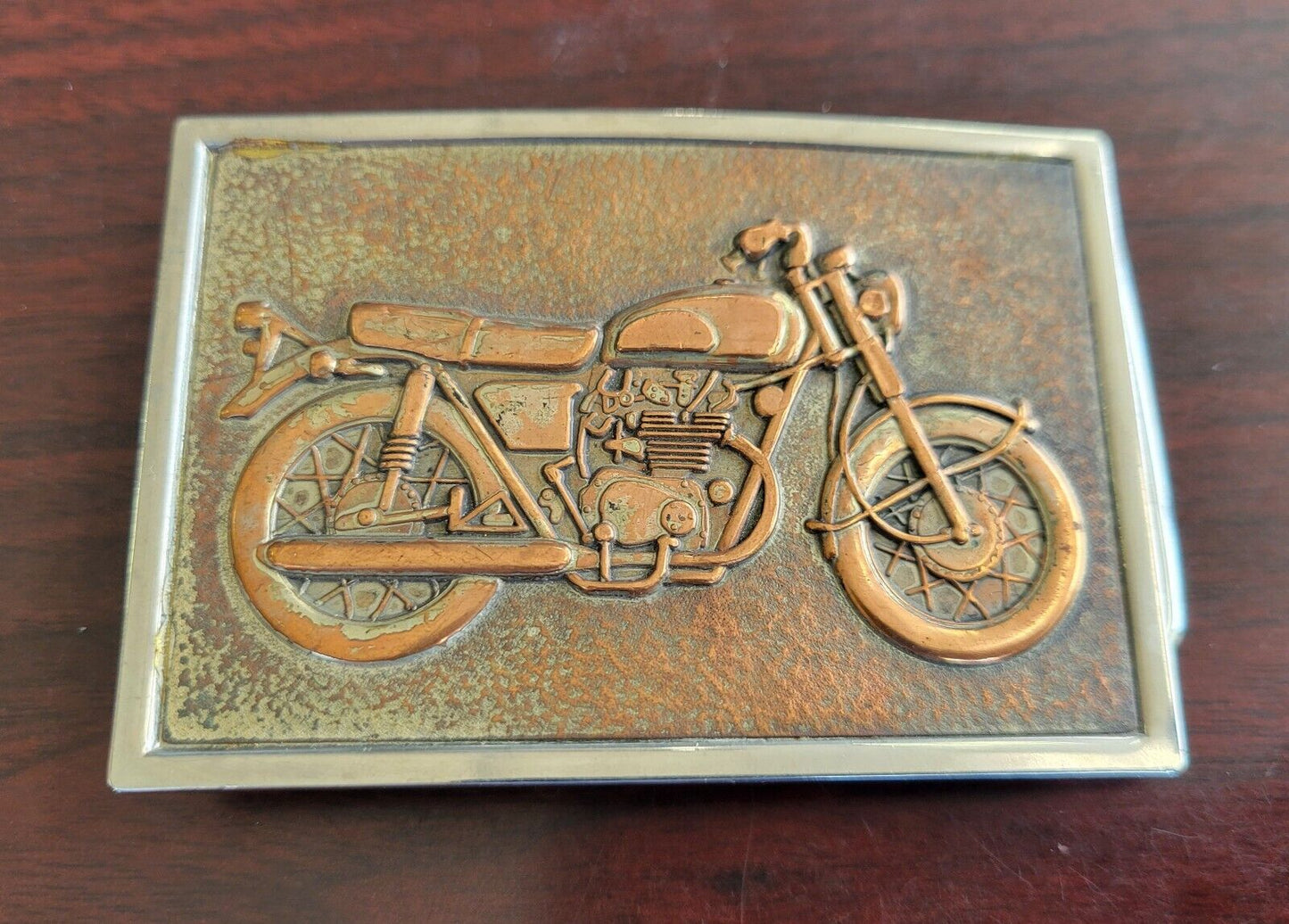 Vintage Motorcycle Belt Buckle Copper Inserted In Stainless Steel 3 1/4"x 2 1/4"