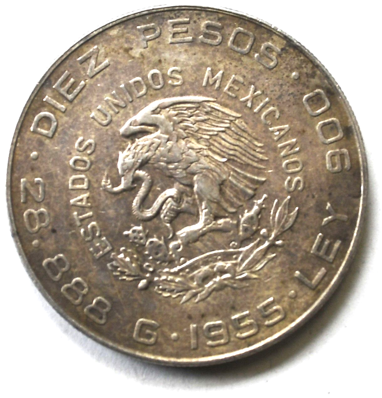 1955 Mexico Estados Unidos Mexicanos 10 Ten Pesos Silver Coin KM#474