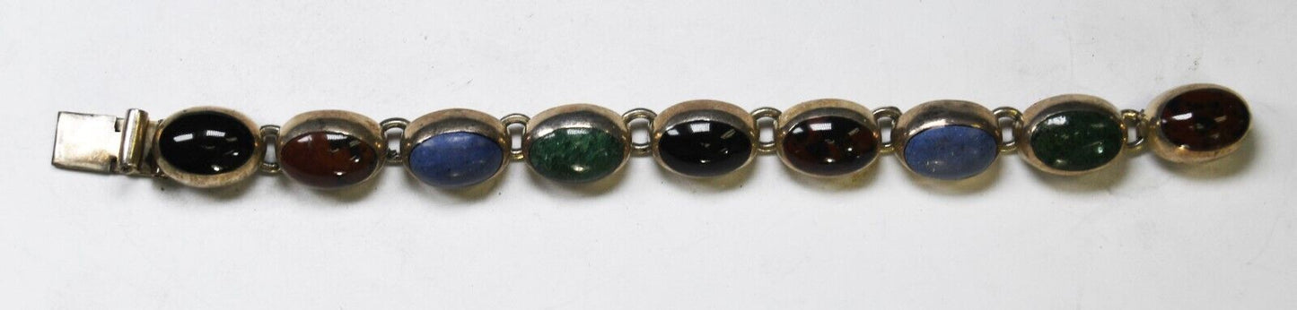 Sterling Silver Oval Multi Stone Onyx Obsidian Nephrite Bracelet 12mm 6.5"