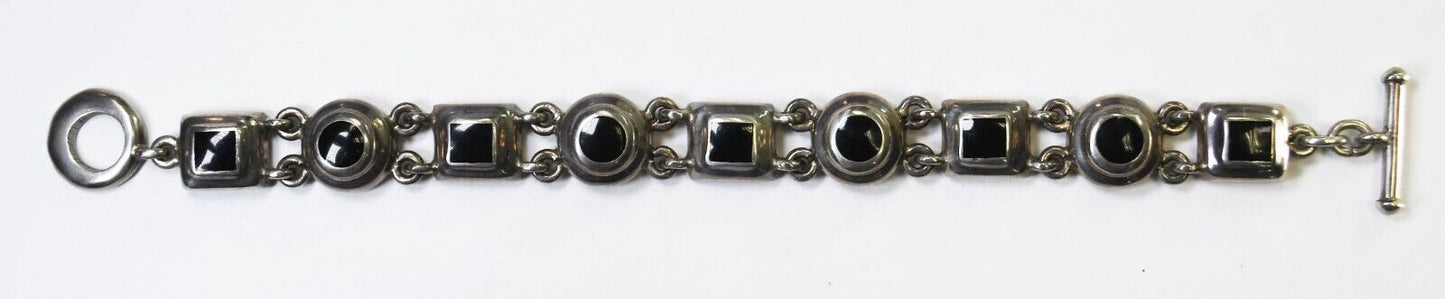 Sterling Silver Black Onyx Square Circle Toggle Bracelet 12mm 8"
