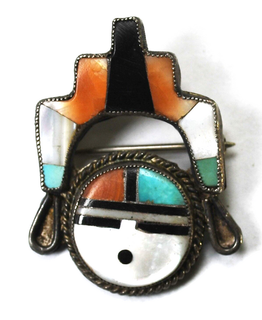 Sterling Silver Inlay Kachina Sun God Face Brooch Pin 34mm x 26mm