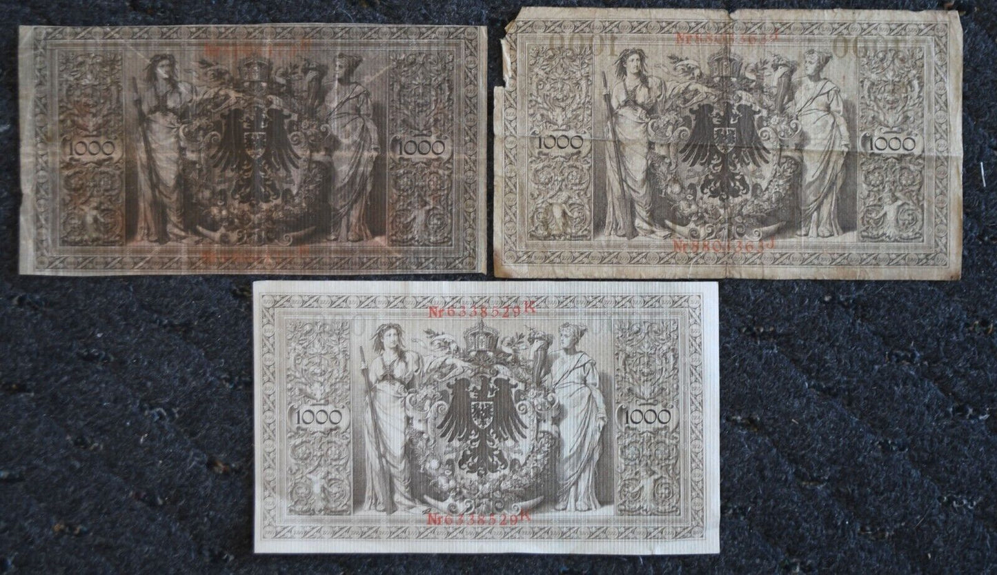 3- 1910 Germany 1,000 One Thousand Mark Reichsbanknotes