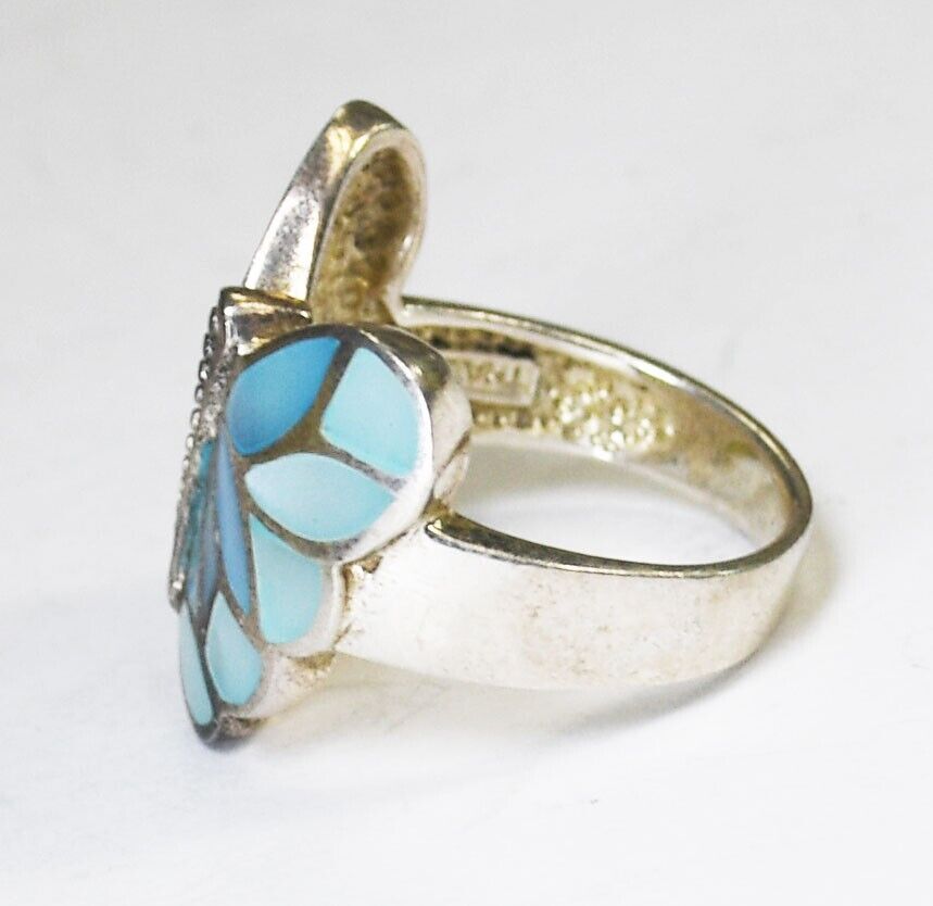 Sterling Silver Blue MOP Butterfly Ring 20mm Size 7