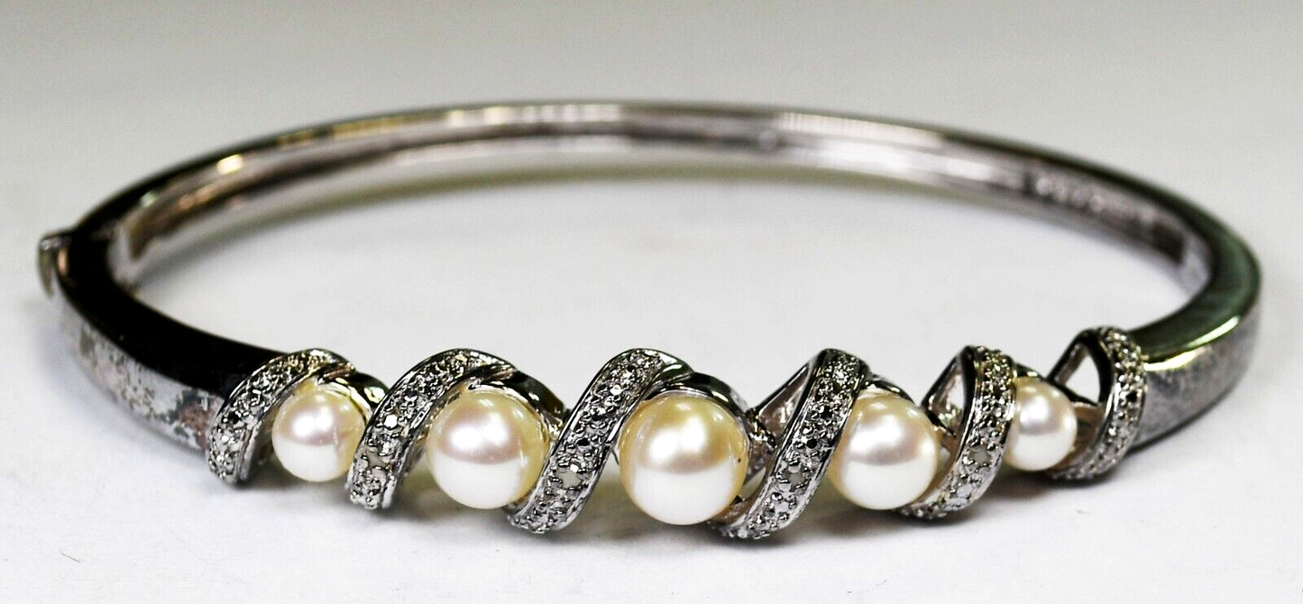 Sterling Silver Pearl CZ Hinged Bangle 9mm Bracelet