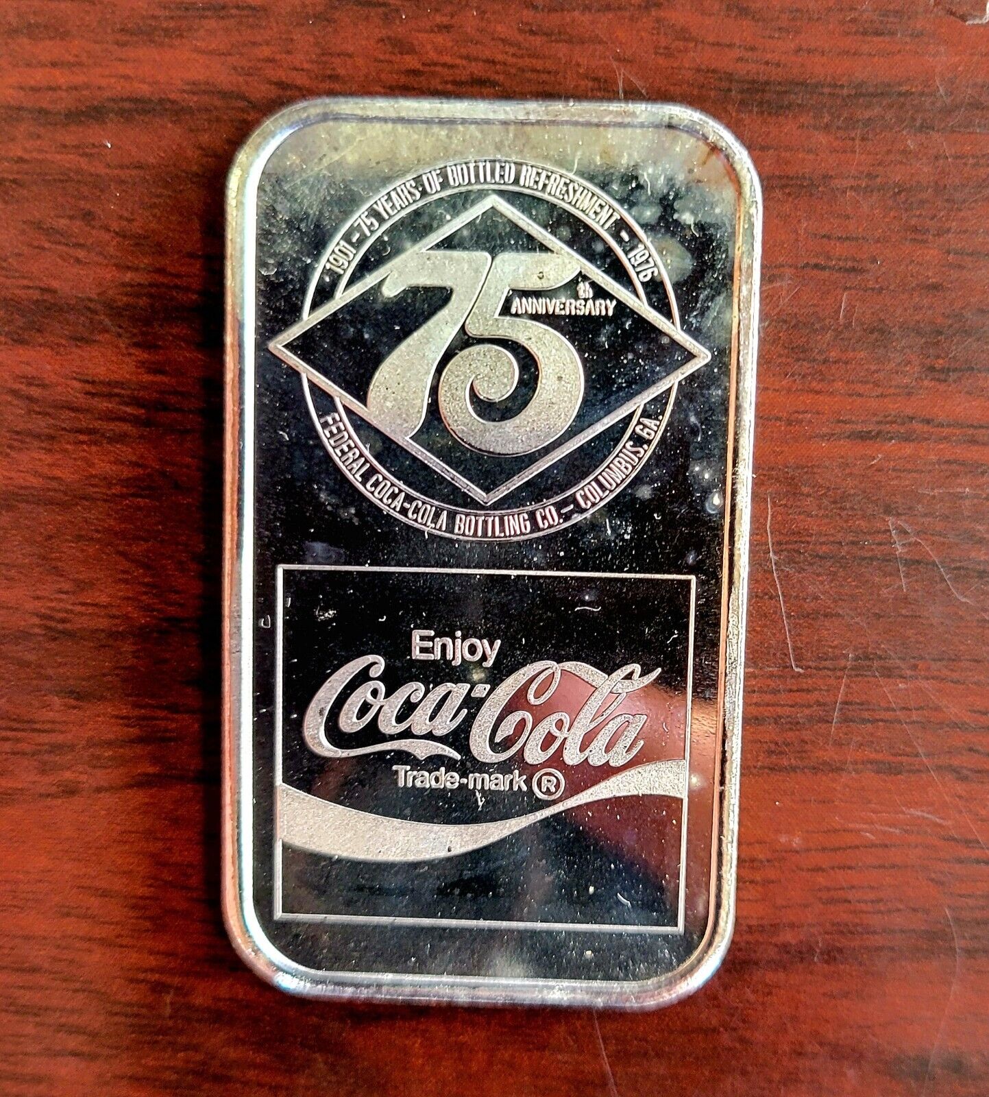 1976 Coca Cola 75th Anniversary Columbus Georgia .999 Fine Silver Art Bar 1oz.
