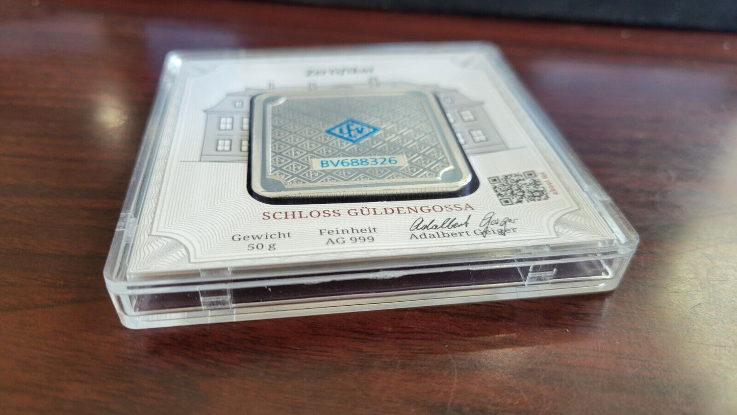 50 gram Silver Bar - Geiger Edelmetalle Original Square Series Germany Encased