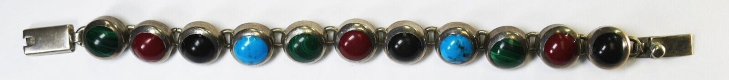 Sterling Silver Mexico Multi Stone Round Link Bracelet 13mm 7.25"