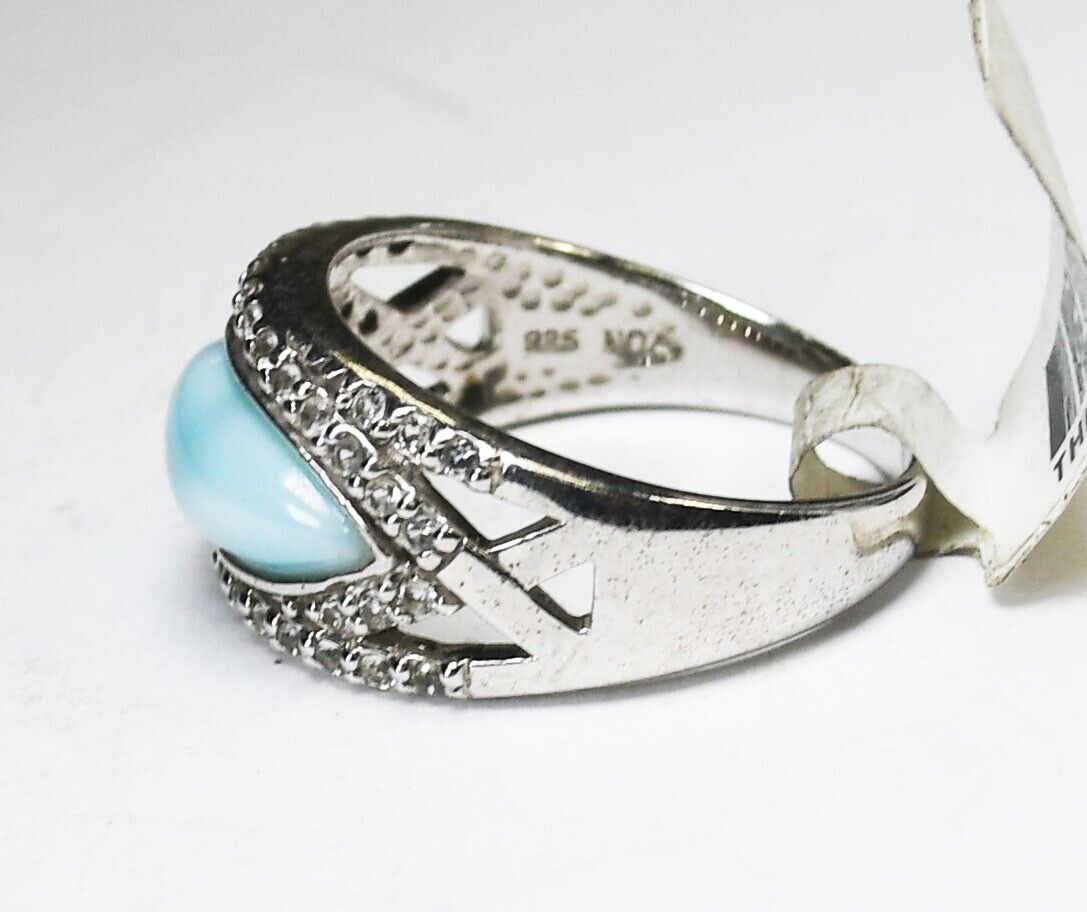 Sterling Silver NOA Larimar CZ Halo Ring 10mm Size 8