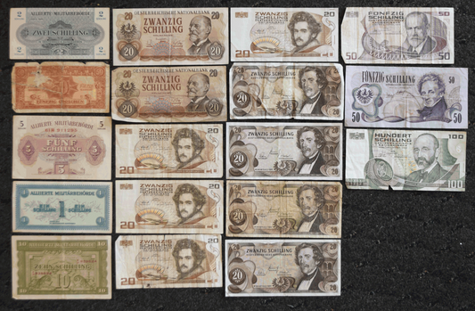 Lot of 18 Austria Banknotes 1 2 5 10 20 50 100 Schilling  1944-1986