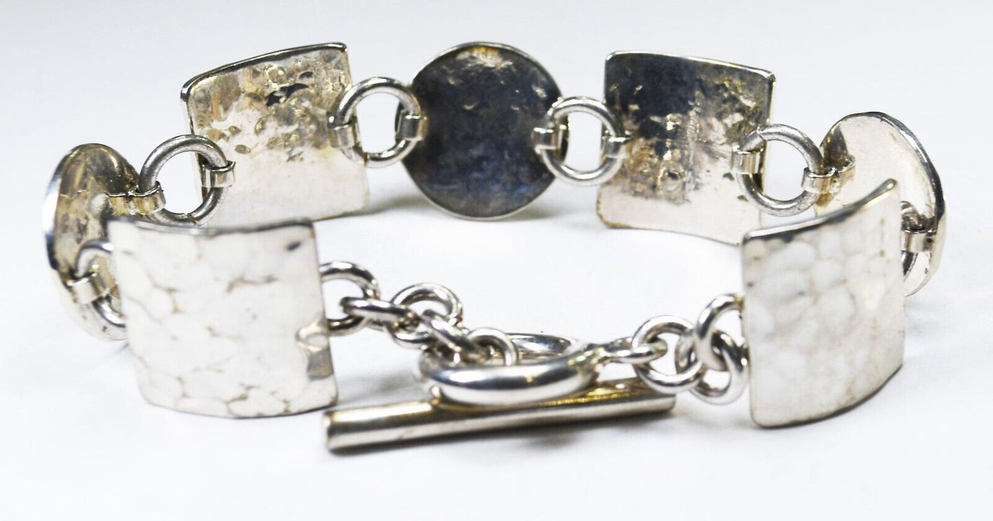 Sterling Silver Hammered Square Circle Toggle Bracelet 18mm 7-1/2"