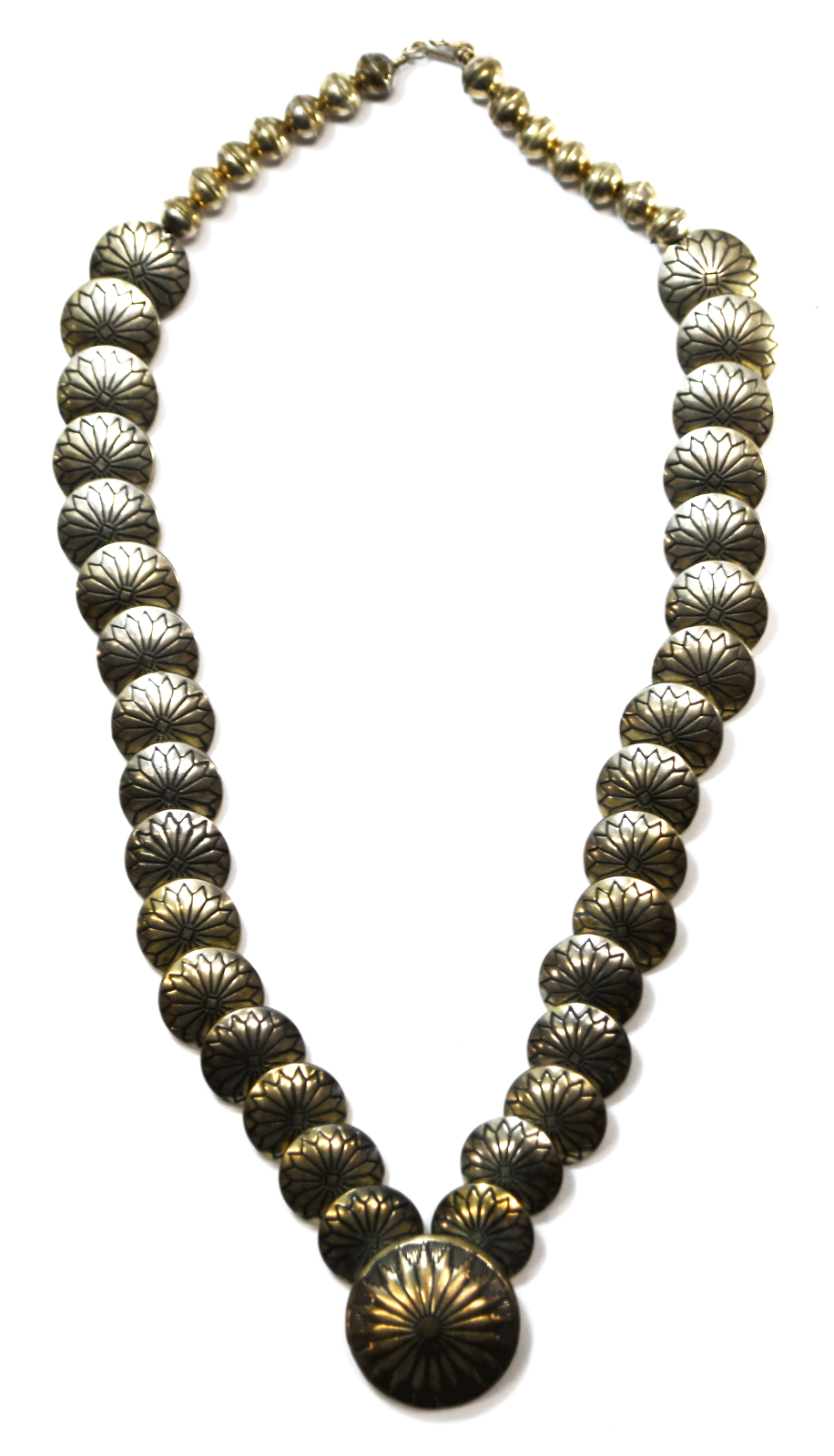 Sterling Silver Graduated Handmade Bead Disc Rays 21.5" Necklace 8-30mm