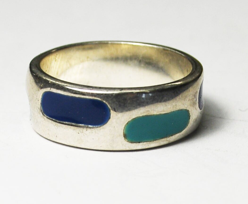 Sterling Silver Two Tone Blue Enamel Stripe Ring 7mm Band Size 8