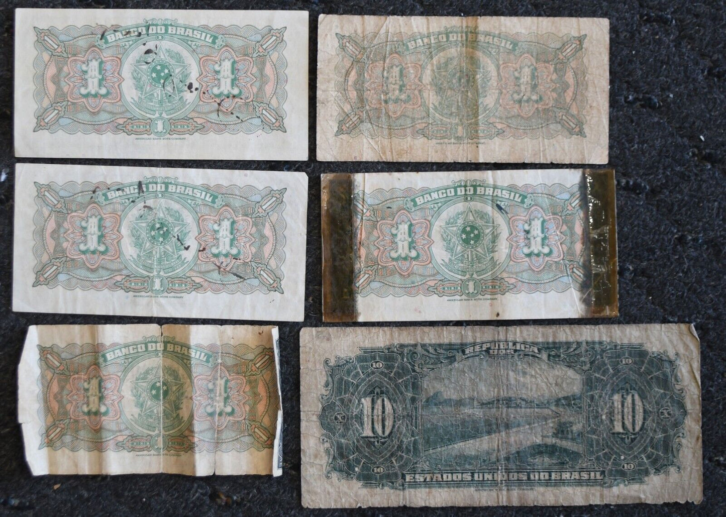 6- Brazil Banknotes 1923 & 1944  1 Mil Reis & 1925 10 Mil Reis