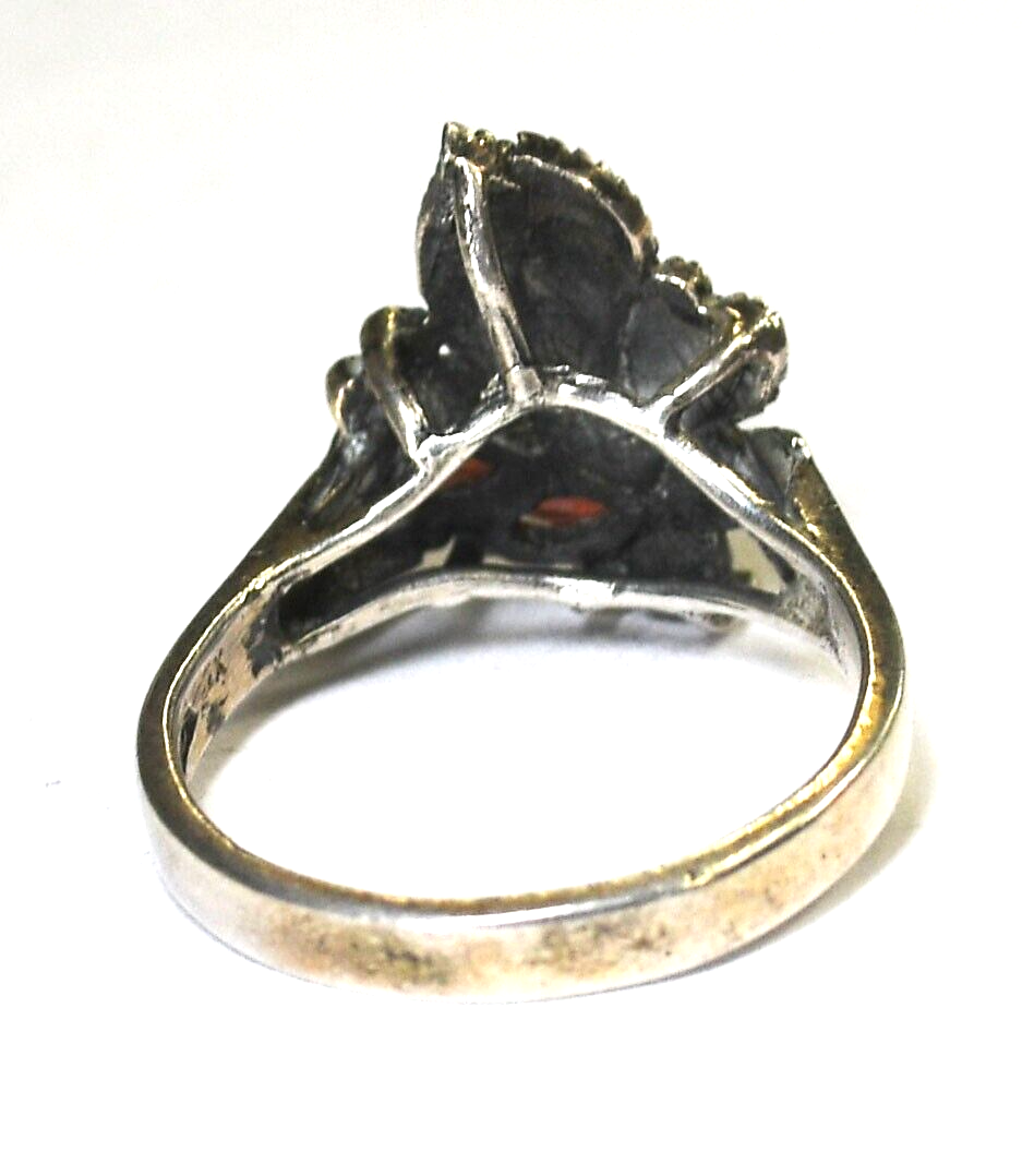 Sterling Silver Marcasite Garnet Floral Flower Ring 16mm Size 8-3/4