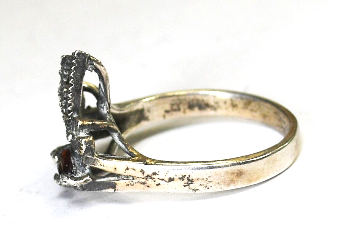 Sterling Silver Marcasite Garnet Floral Flower Ring 16mm Size 8-3/4