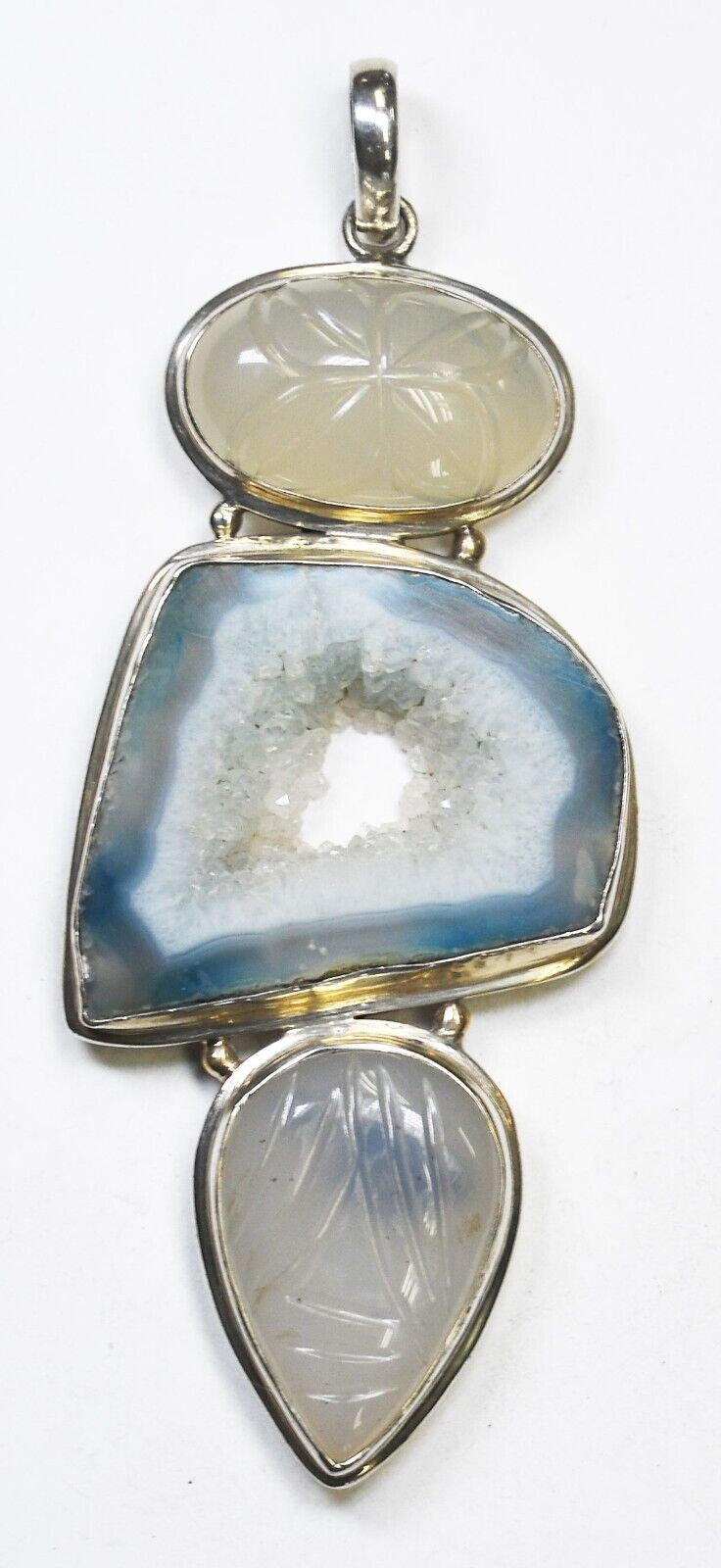Sterling Silver Large Drusy Quartz Etched Stones Pendant 4" x 43mm