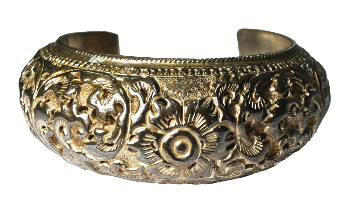 Sterling Silver Floral Flower Repousse Hollow 25mm Cuff Bracelet 6-3/4" Wrist