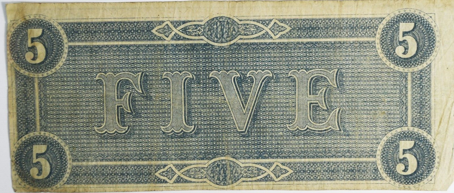 1864 $5 Confederate Note Currency Five Dollars CS-69 50352
