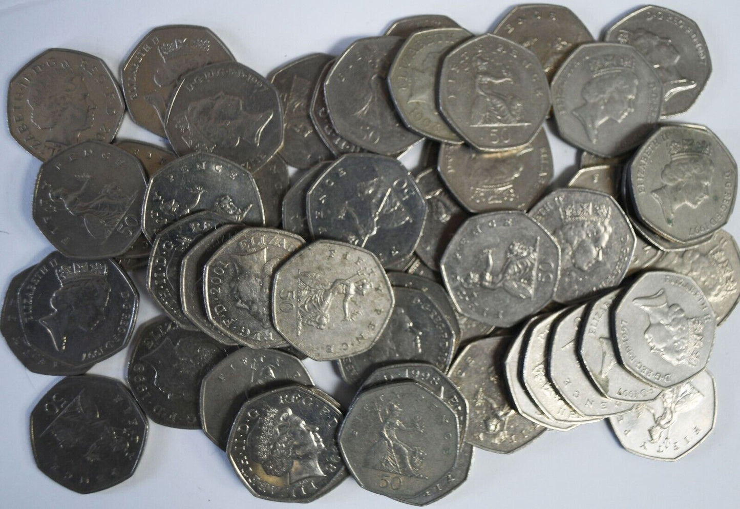 58pc Great Britain New 50 & Fifty Pence Coins Lot 1997-2005