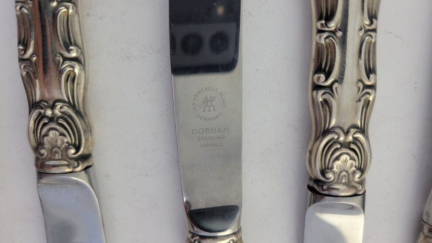 5 Gorham Strasbourg Sterling/Stainless Steak Knives 9 1/2" Henckels Blade