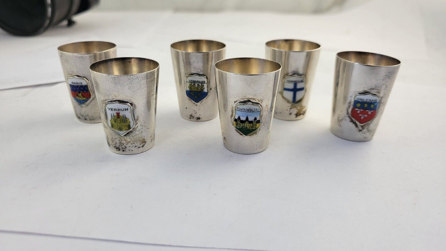 6pc. Sterling Souvenir Shot Glasses 2.4oz. Paris, Orleans, Versailles 1 3/8"