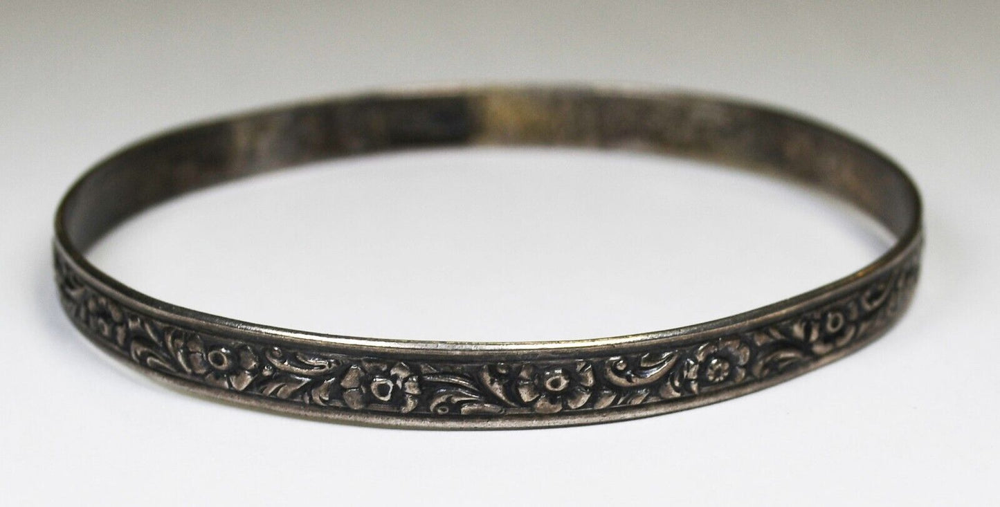 Vintage Sterling Silver Danecraft Flower Leaf Scroll Bangle 6mm Bracelet