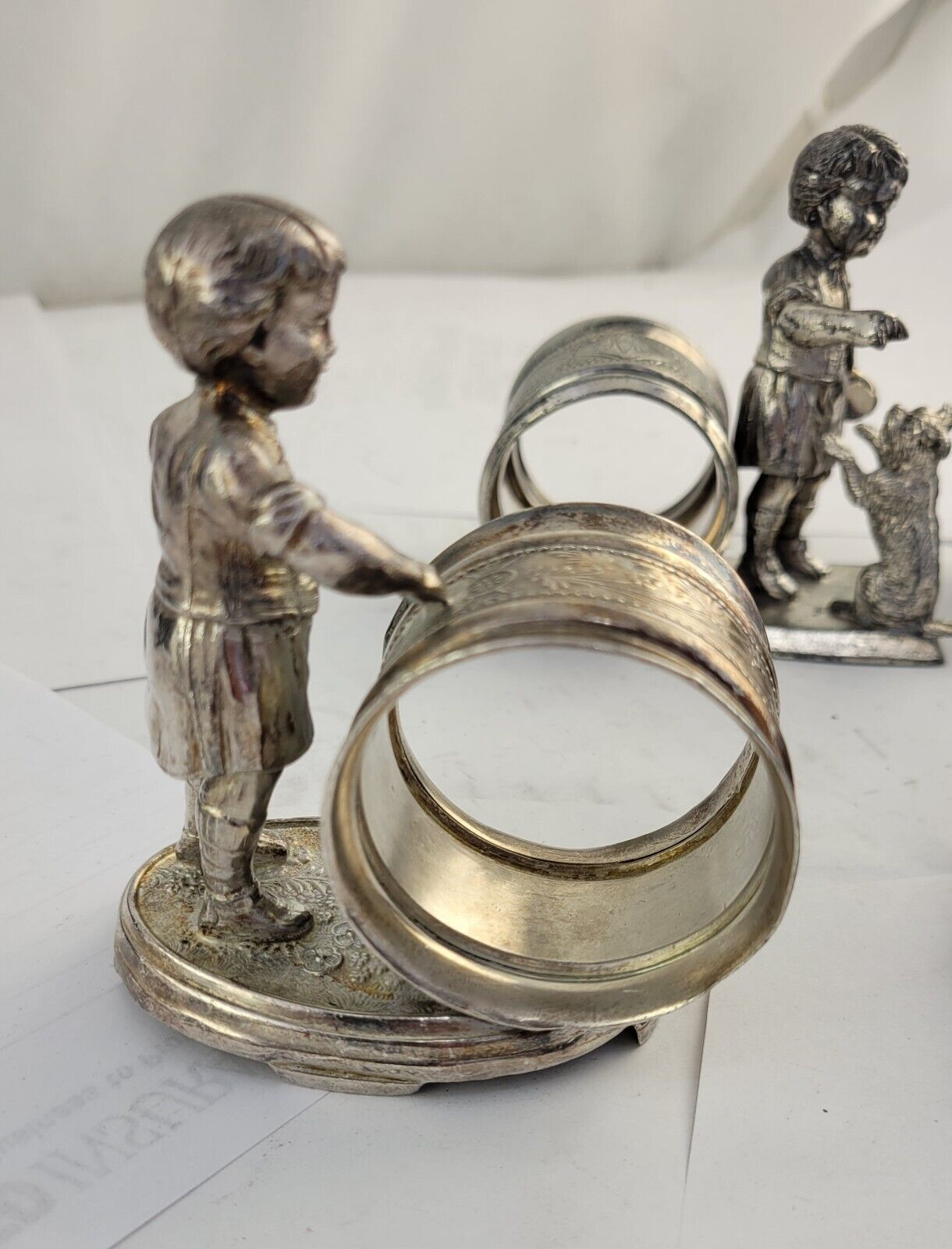 4 Victorian Figural Silver Plate Napkin Ring Holders Eagle. Boy Dog, Girl Child