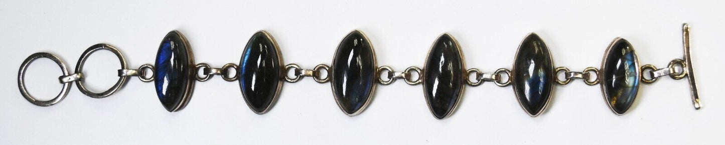 Sterling Silver Ellipse Labradorite Toggle Hammered Bracelet 24mm 7-3/4"