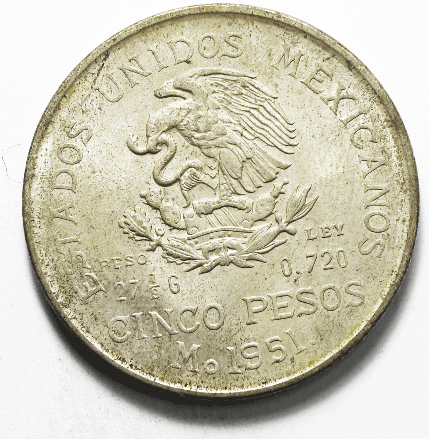 1951 Mexico Estados Unidos Mexicanos Five 5 Pesos Silver Coin KM# 467