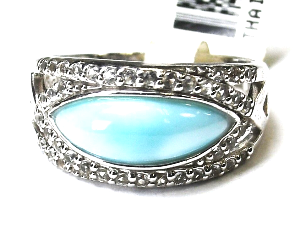 Sterling Silver NOA Larimar CZ Halo Ring 10mm Size 8